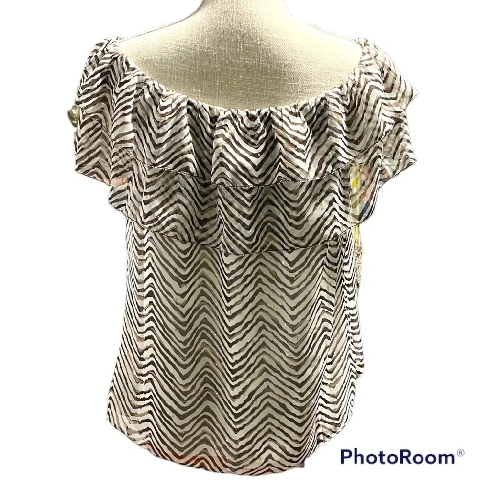White House Black Market Zebra print gold accents Flounce Blouse - Picture 5 of 7